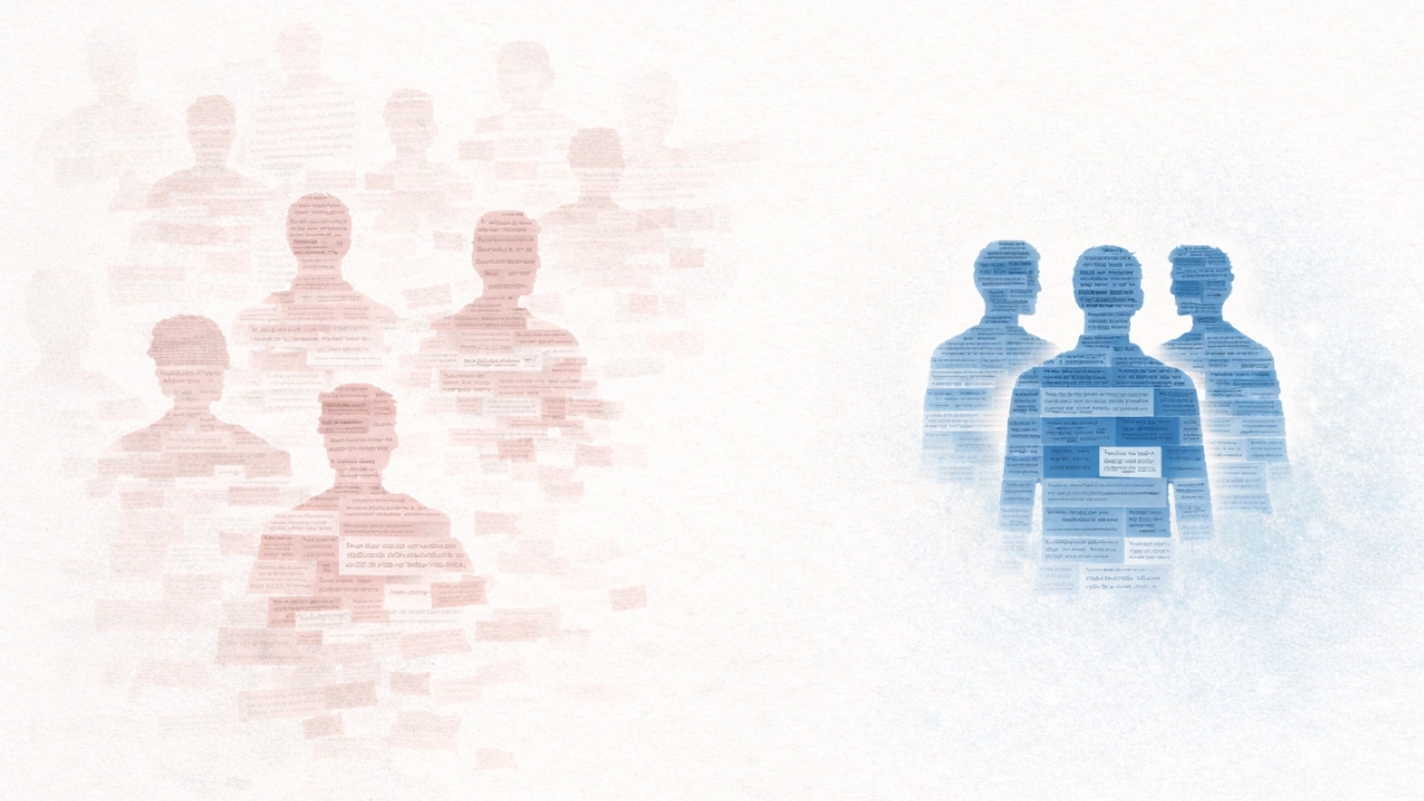 A clean editorial illustration showing multiple abstract audience silhouettes made from text blocks in red. Most silhouettes are faded, fragmented, or partially incomplete. A small, clearly defined group of silhouettes is fully formed, aligned, and visually dominant in blue.
