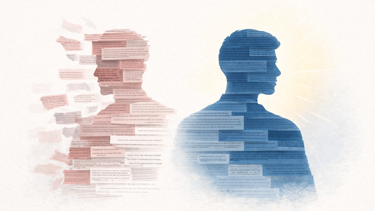 How We Write SaaS Copy That Sells A clean editorial illustration showing two overlapping silhouettes made from text blocks. One silhouette is fragmented and messy in red, the other is clean, aligned, and intentional in blue.